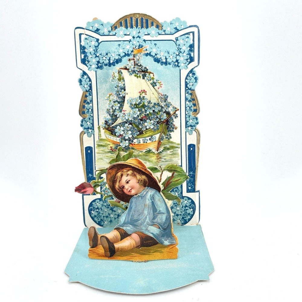 Antique Valentines Day Card Pop-Open Card Forget me‎ Nots Blue Edwardian Signed